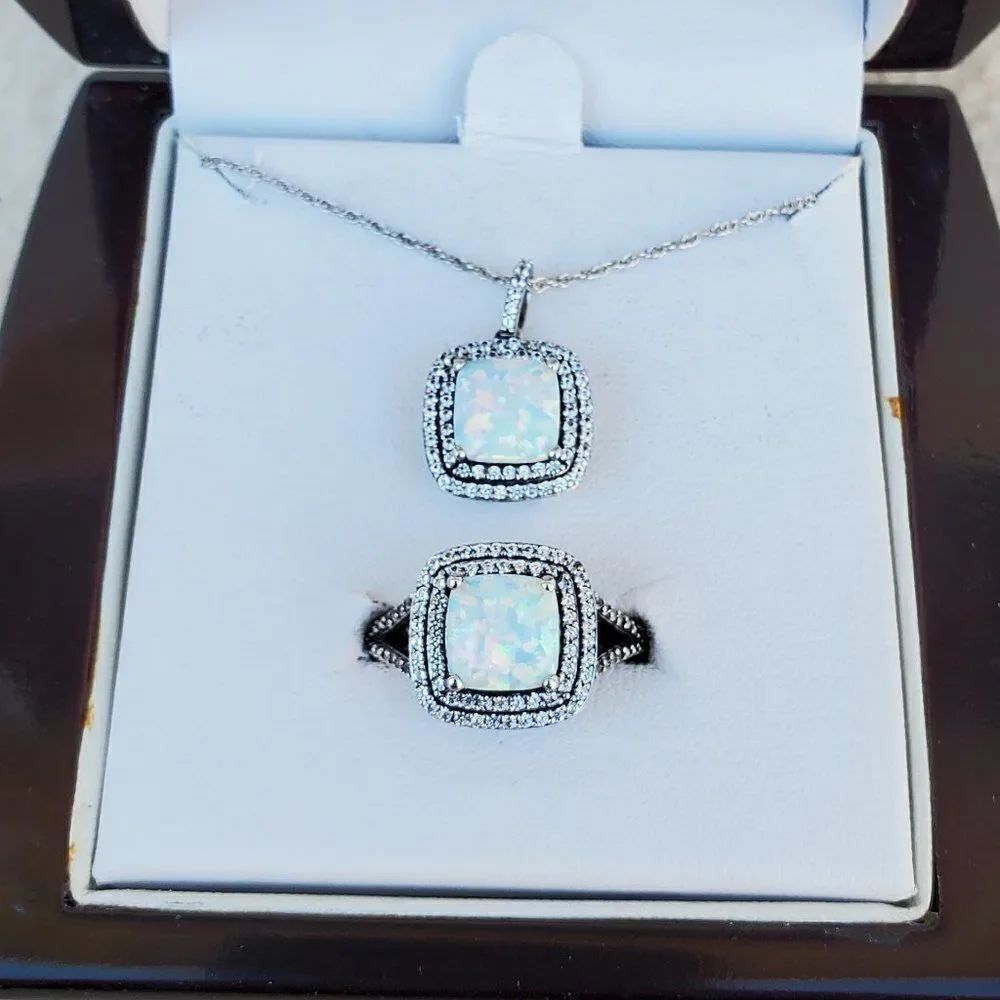 925 lab created opal and white sapphire necklace and ring set